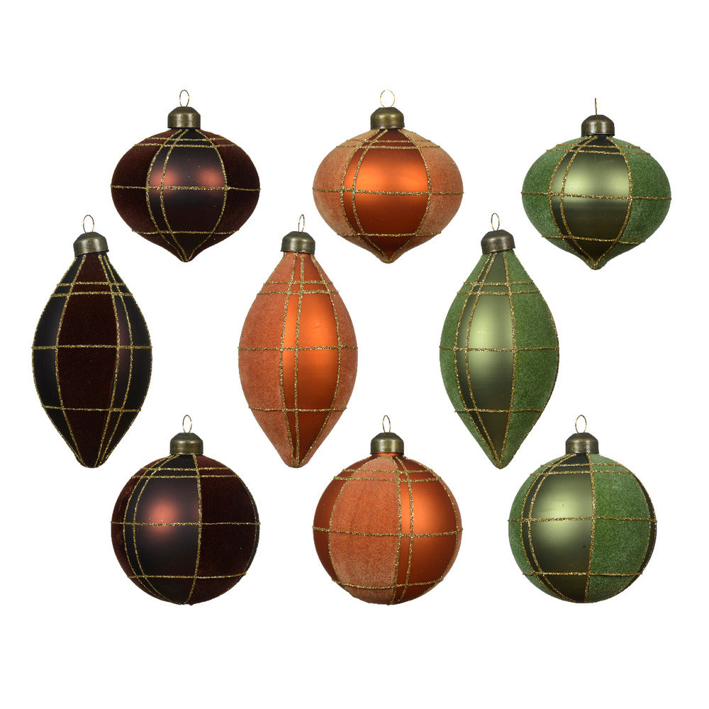 Decoris Hanging Glass Ornament with Velvet Finish and Gold Lines 8cm - 9 Assorted,