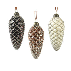 Decoris Glass Pinceone with Silver Glitter 12cm - 3 Assorted,