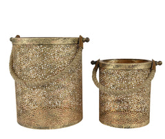 Decoris Iron Round Lantern Set of 2 with Cut-Out Floral Pattern and Rope Handle,