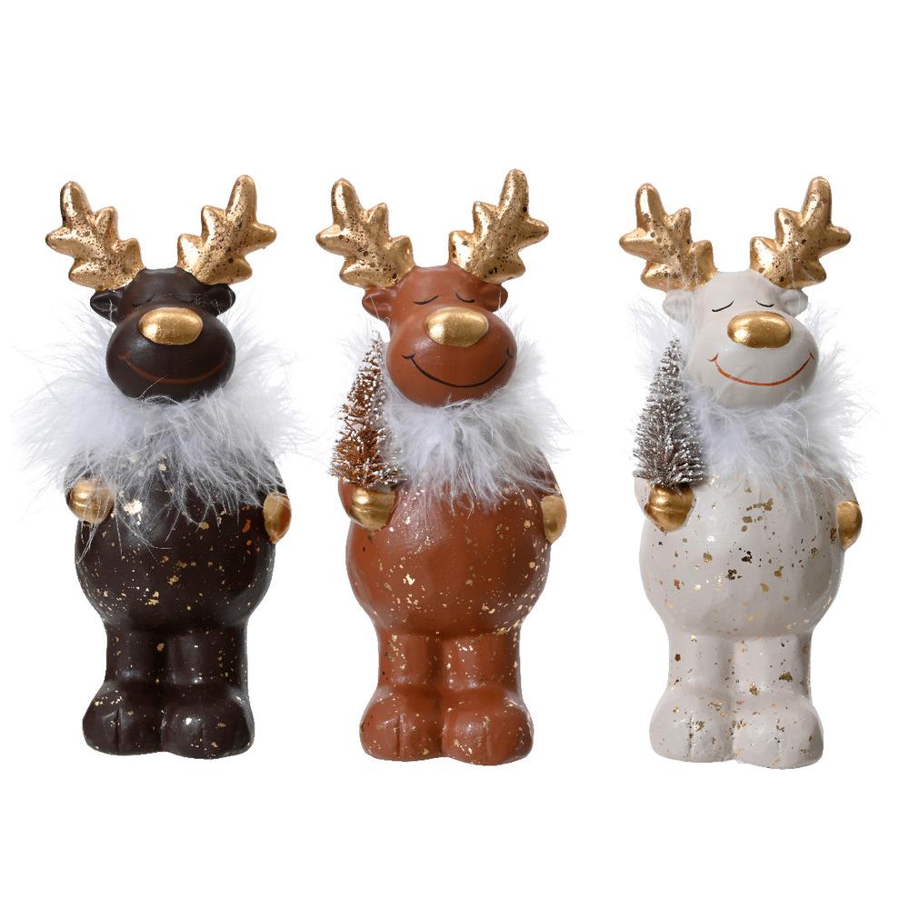 Decoris Terracotta Deer Figure with Faux Fur 22cm - 3 Assorted Shades of Brown,
