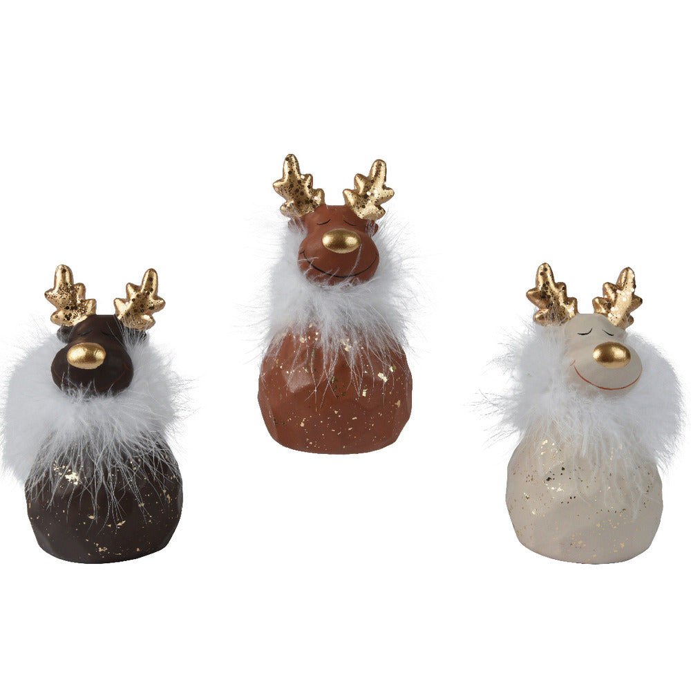 Decoris Terracotta Deer Figure with Faux Fur 16cm - 3 Assorted Shades of Brown,