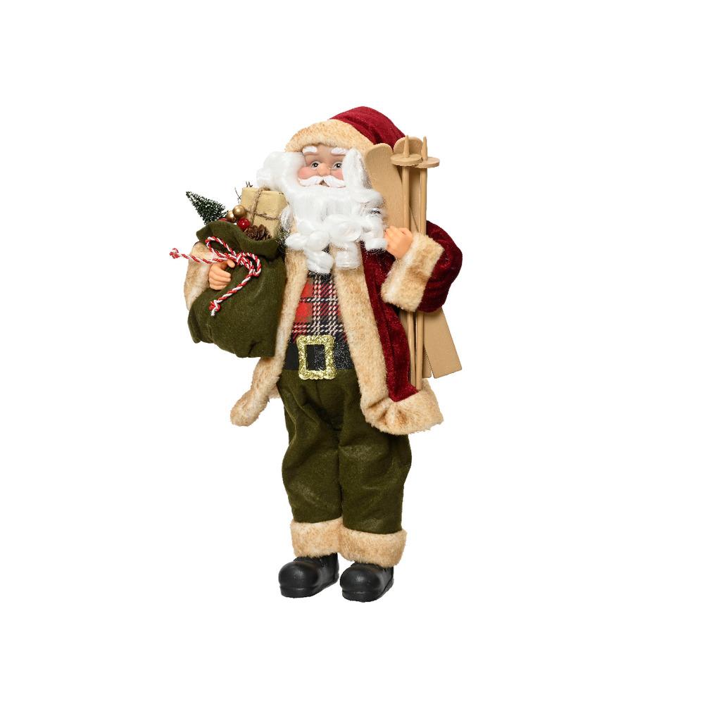 Decoris Polyester Santa Figure with Skis, Green Giftbag and Trousers 45cm,