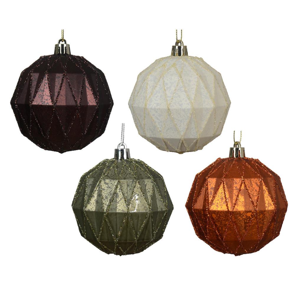 Decoris Shatterproof Bauble with Polygon Design and Glitter Edges 8cm - 4 Assorted Colours,