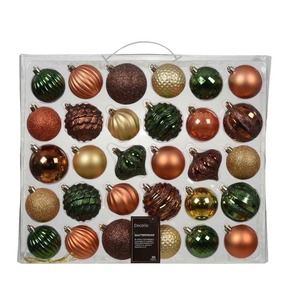 Decoris Shatterproof Bauble Set of 30 Pieces Mixed Sizes - Pine Green, Orange, Brown and Light Gold,