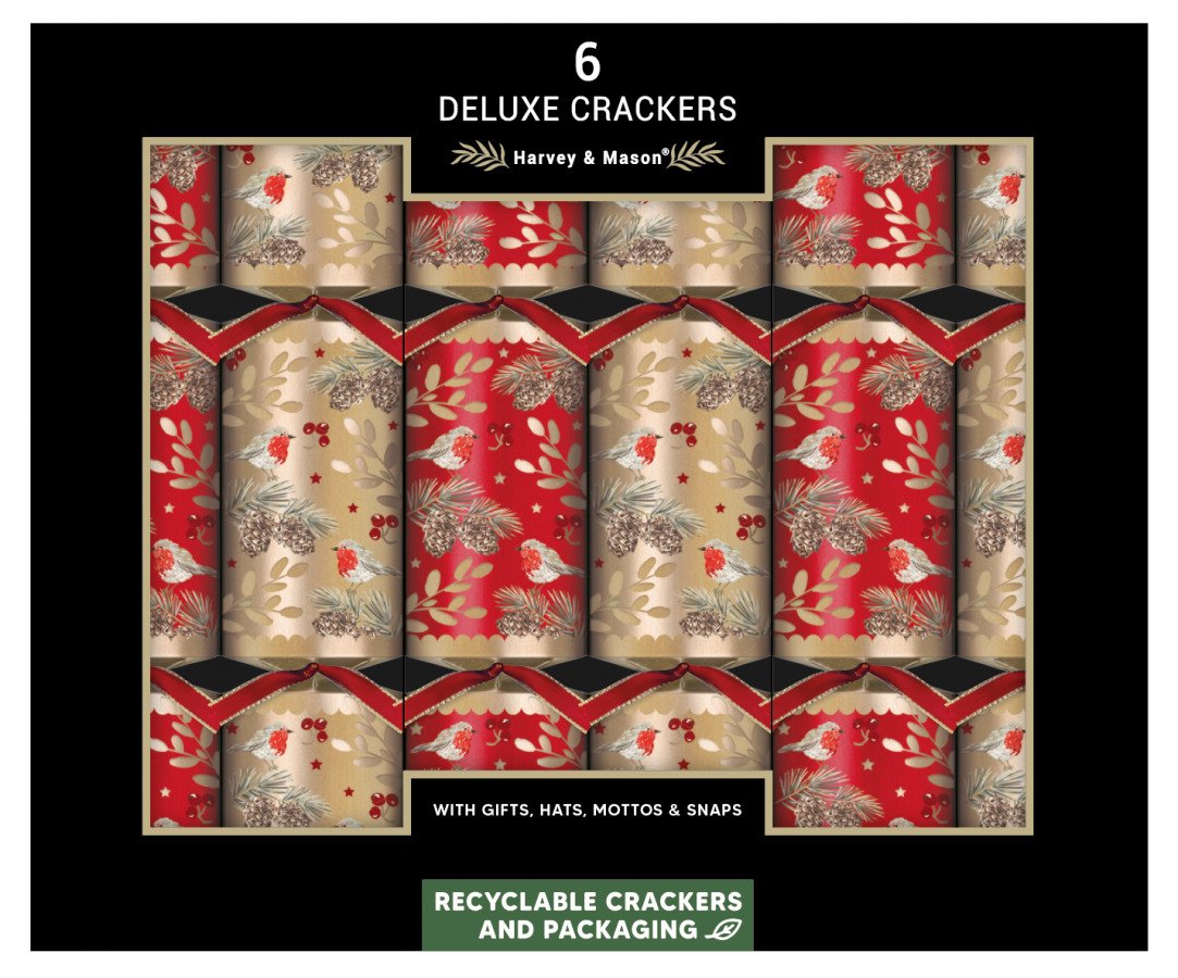 Harvey & Mason Deluxe Christmas Crackers Red & Gold Robin 6pcs H34cm