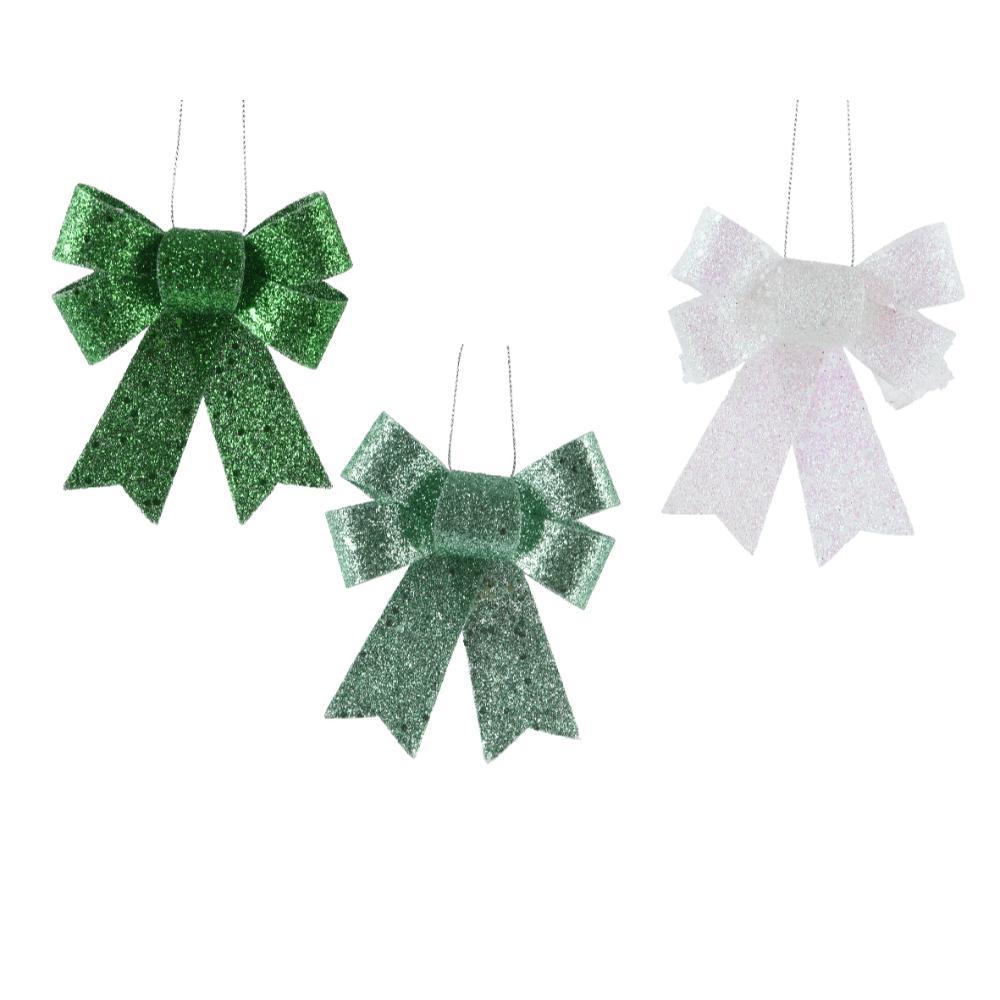 Decoris Hanging Plastic Bow 10cm - Green/White (3 Assorted)