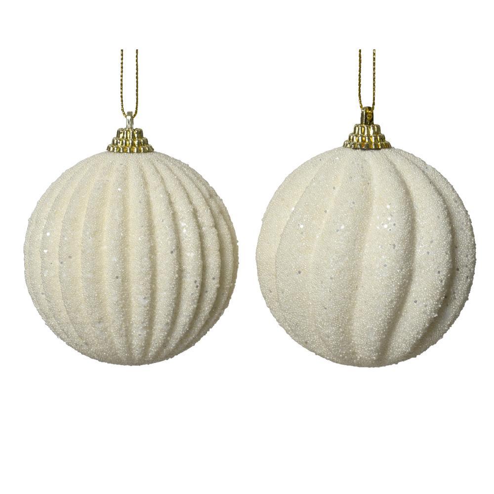 Decoris Foam Bauble with Glitters & Beads 8cm - Wool White (2 Assorted)