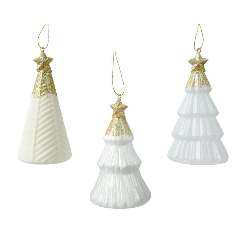 Decoris Hanging Glass Tree with Star on Top - White/Gold (3 Assorted)