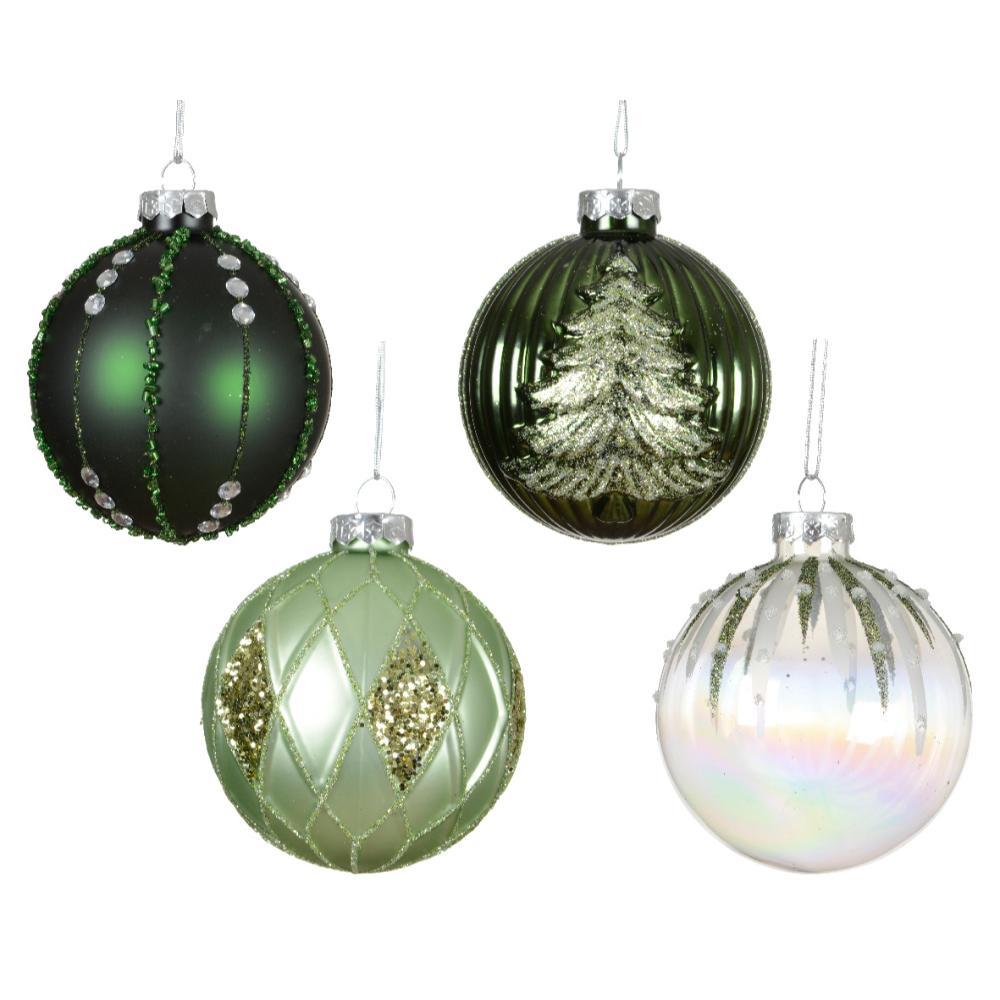Decoris Glass Bauble with Glitters 8cm - Shades of Green (4 Assorted)