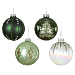 Decoris Glass Bauble with Glitters 8cm - Shades of Green (4 Assorted)