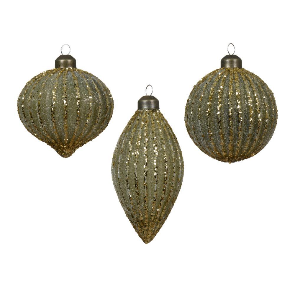 Decoris Glass Bauble with Gold Glitter Lines 8cm - Shades of Green (3 Assorted)