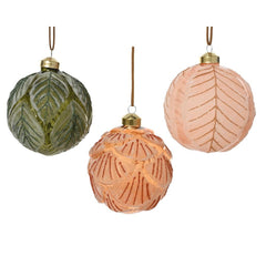Decoris Glass Bauble with Engrave Leaves 8cm - Shades of Peach Pearl/Green (3 Assorted)
