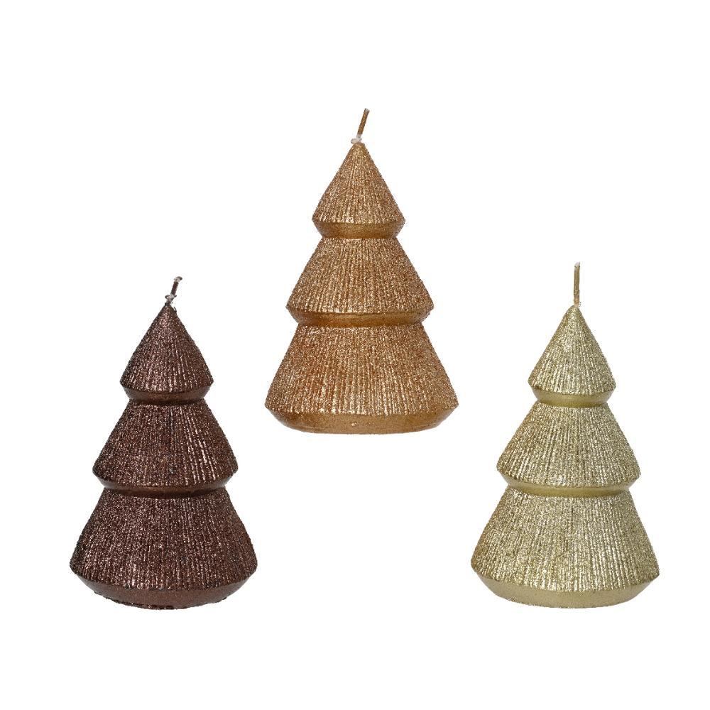 Decoris Paraffin Wax Tree Candle with Glitters 12cm - Shade of Metallic Gold/Brown (3 Assorted)