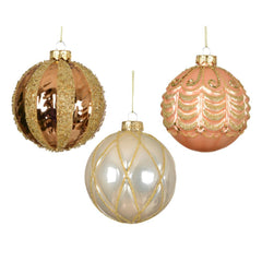 Decoris Glass Bauble with Gold Glitter 10cm - Peach/Pearl (3 Assorted)