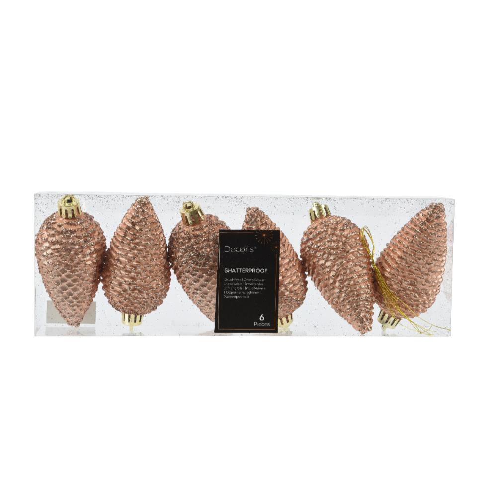 Decoris Shatterproof Pinecones Set of 6pcs 8cm - Peach Pearl