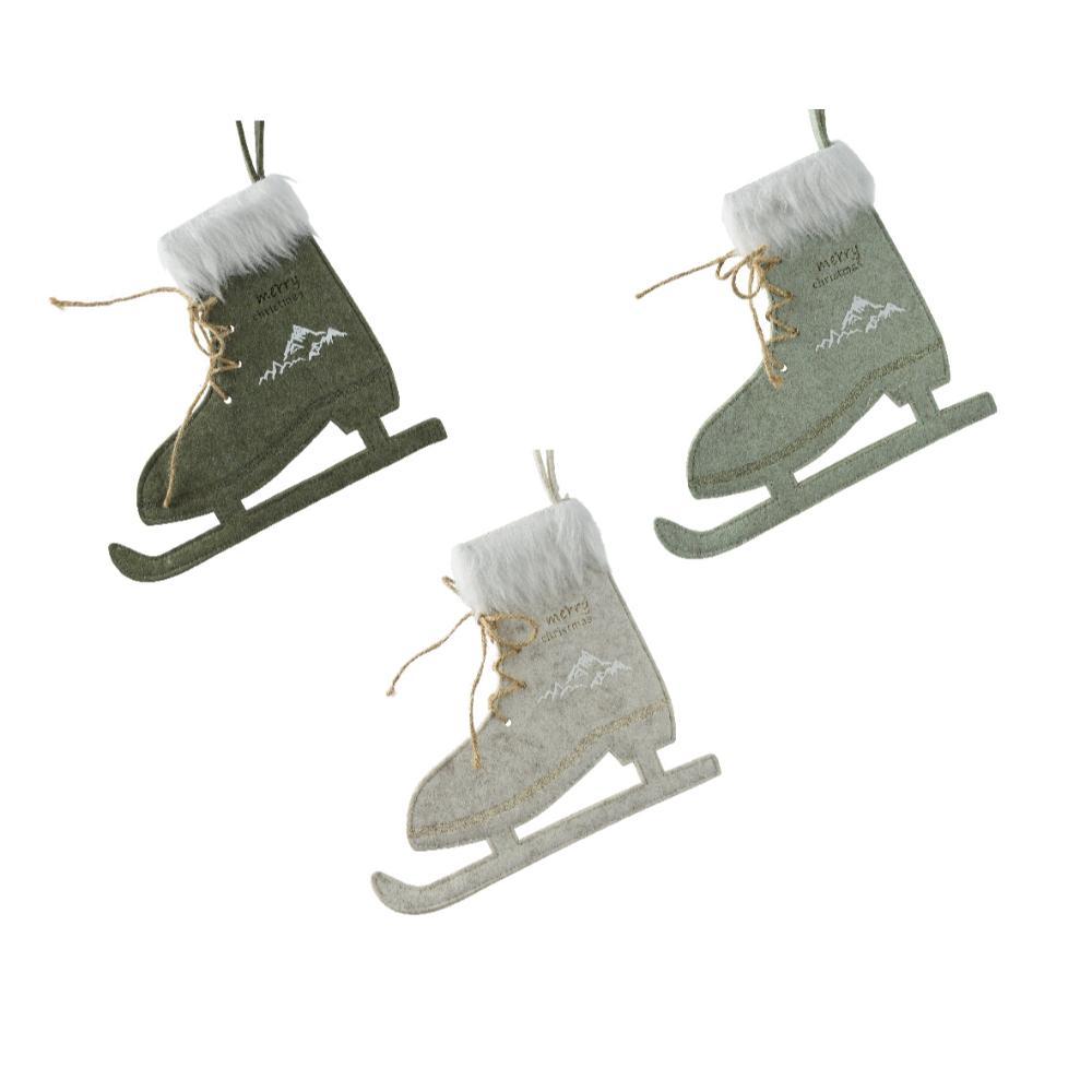 Decoris Hanging Felt Skates with White Fur 25cm - Green (3 Assorted)