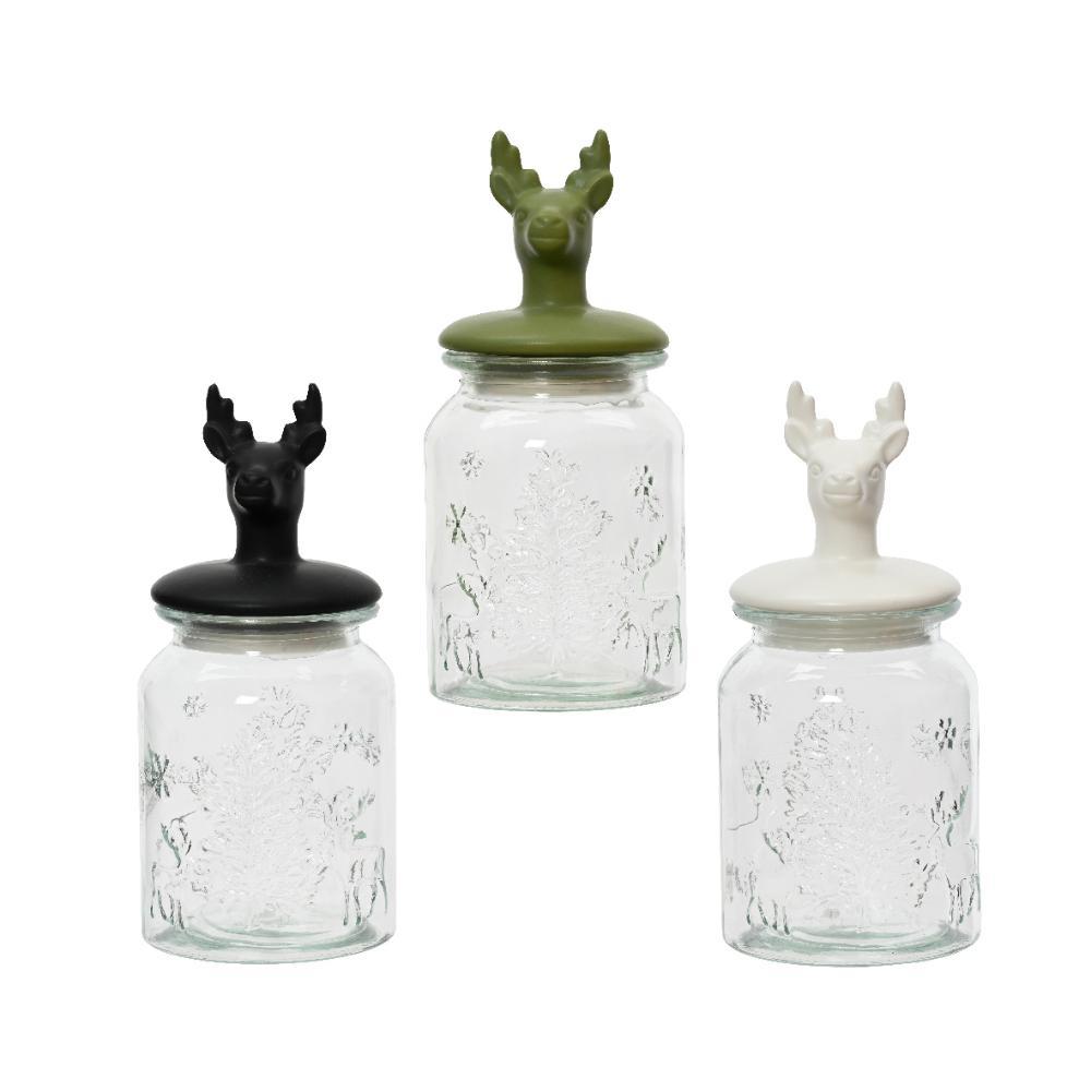Kitchen Goods Glass Jar with Ceramic Reindeer Lid 23.5cm (3 Assorted)