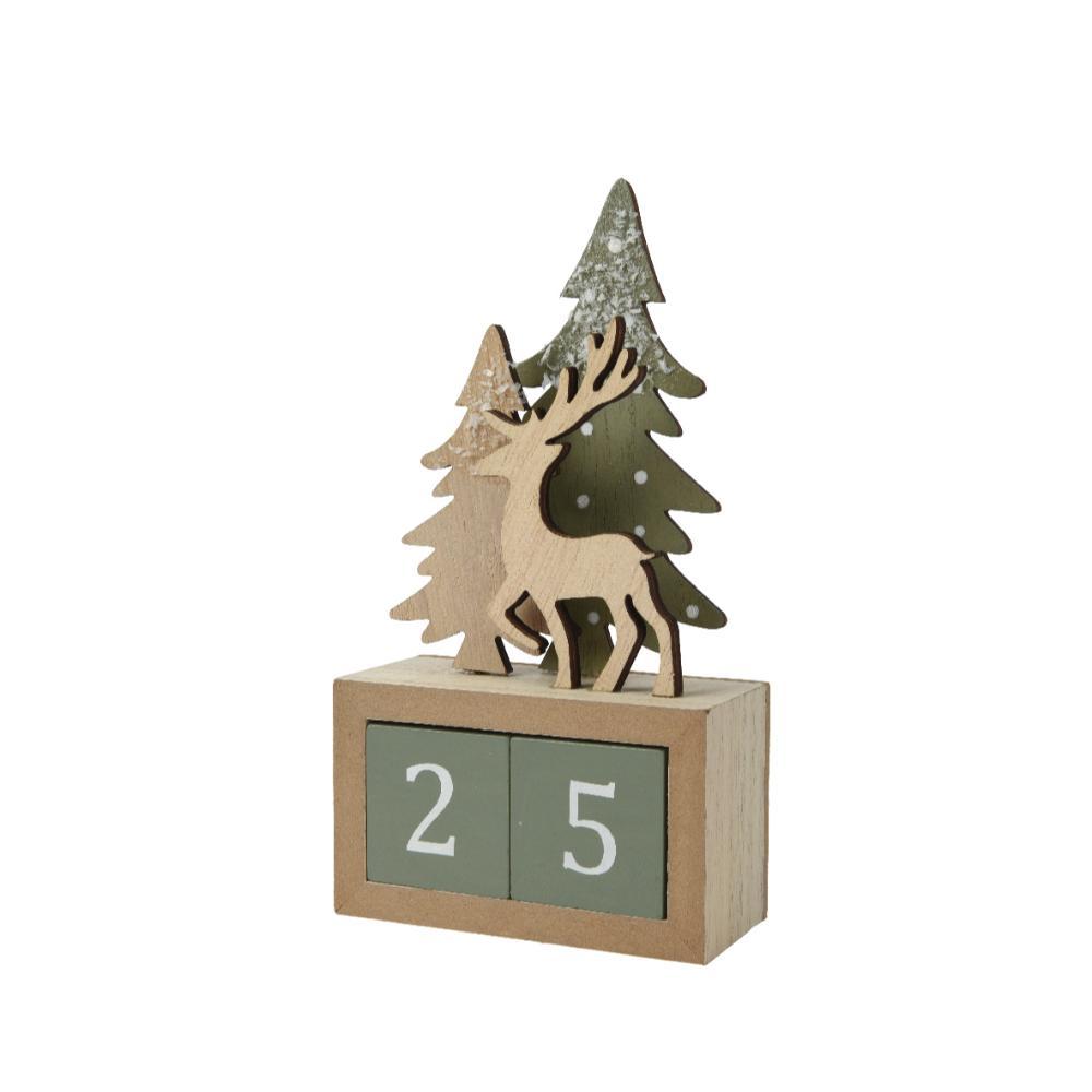 Decoris Plywood Advent Calendar with Reindeer & Trees 18cm - Natural/Green