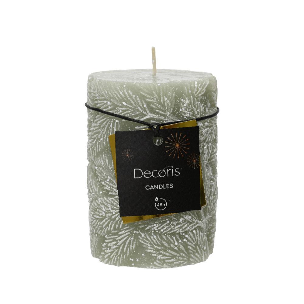 Decoris Pillar Wax Candle with Snow Leaf Relief 10cm - White Mint