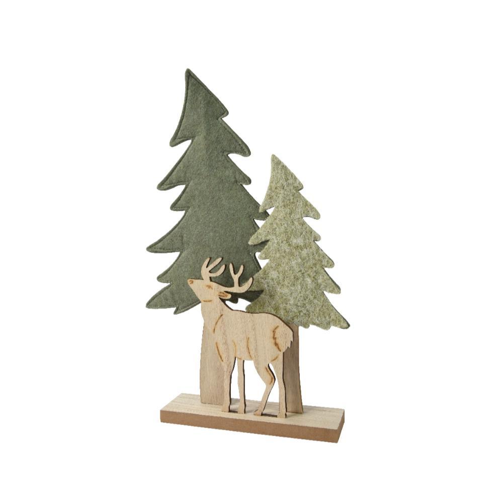 Decoris Tree Felt with Reindeer and MDF Base 42cm - Green/Natural
