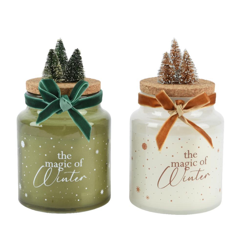 Decoris Paraffin Wax Candle with Velvet Bow and Trees 10cm - Green/White (2 Assorted)