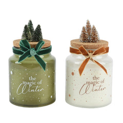 Decoris Paraffin Wax Candle with Velvet Bow and Trees 10cm - Green/White (2 Assorted)