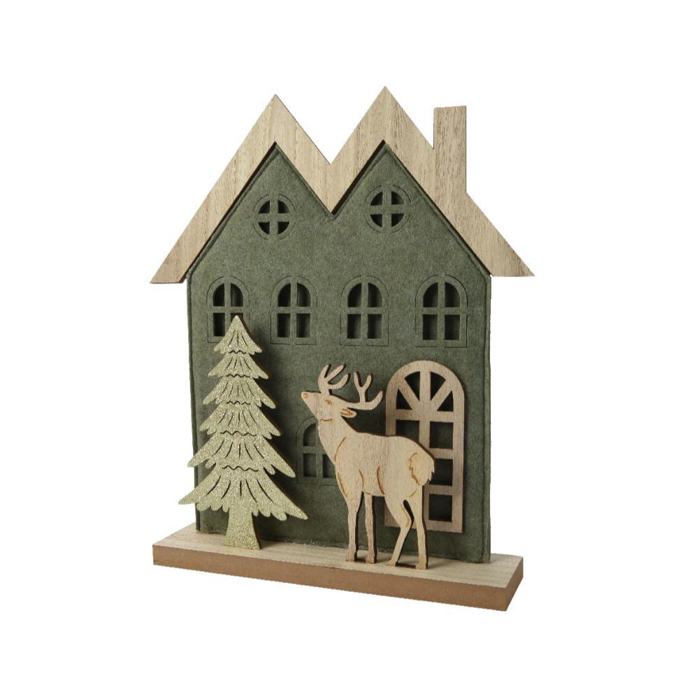 Decoris Felt House with Tree and Reindeer Plywood 29 x 6 x 34.5cm - Green