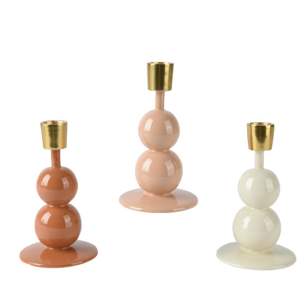 Decoris Iron Candleholder with Round Balls 15cm - White/Peach Pearl (3 Assorted)