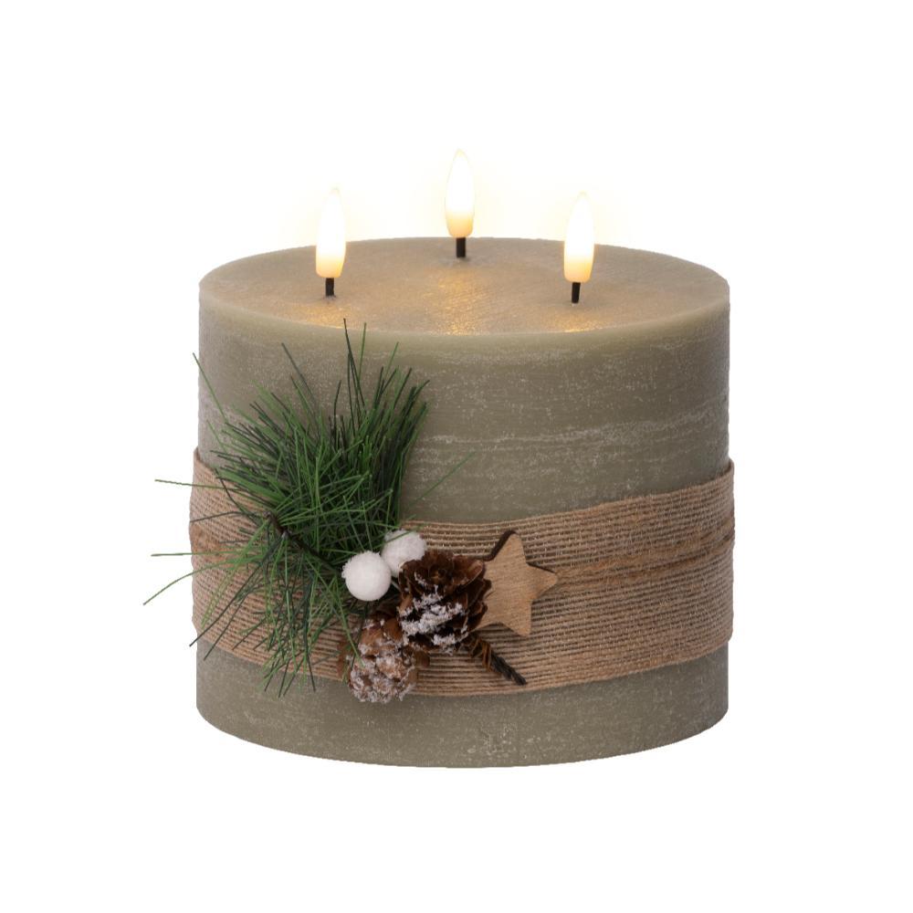 Lumineo BO Led Wax Candle with Leaves Decorations 15 x 15cm - Green/Warm White