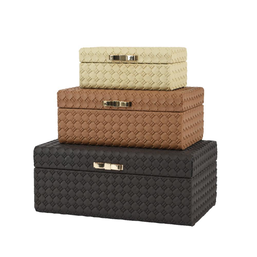 Decoris MDF Chest with Weaving Pattern Set of 3pcs - Cream/Beige/Brown