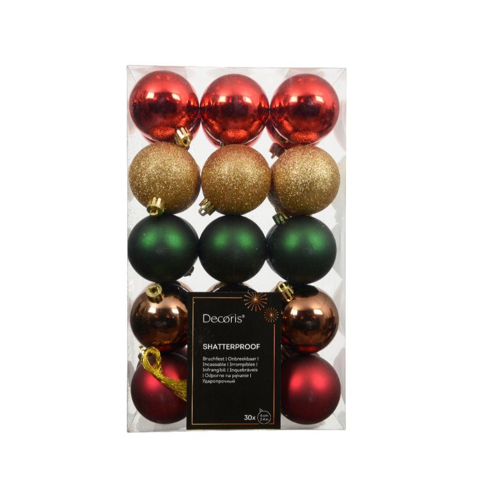 Decoris Shatterproof Baubles Box of 30 Pieces 6cm - Red, Gold, Green and Brown