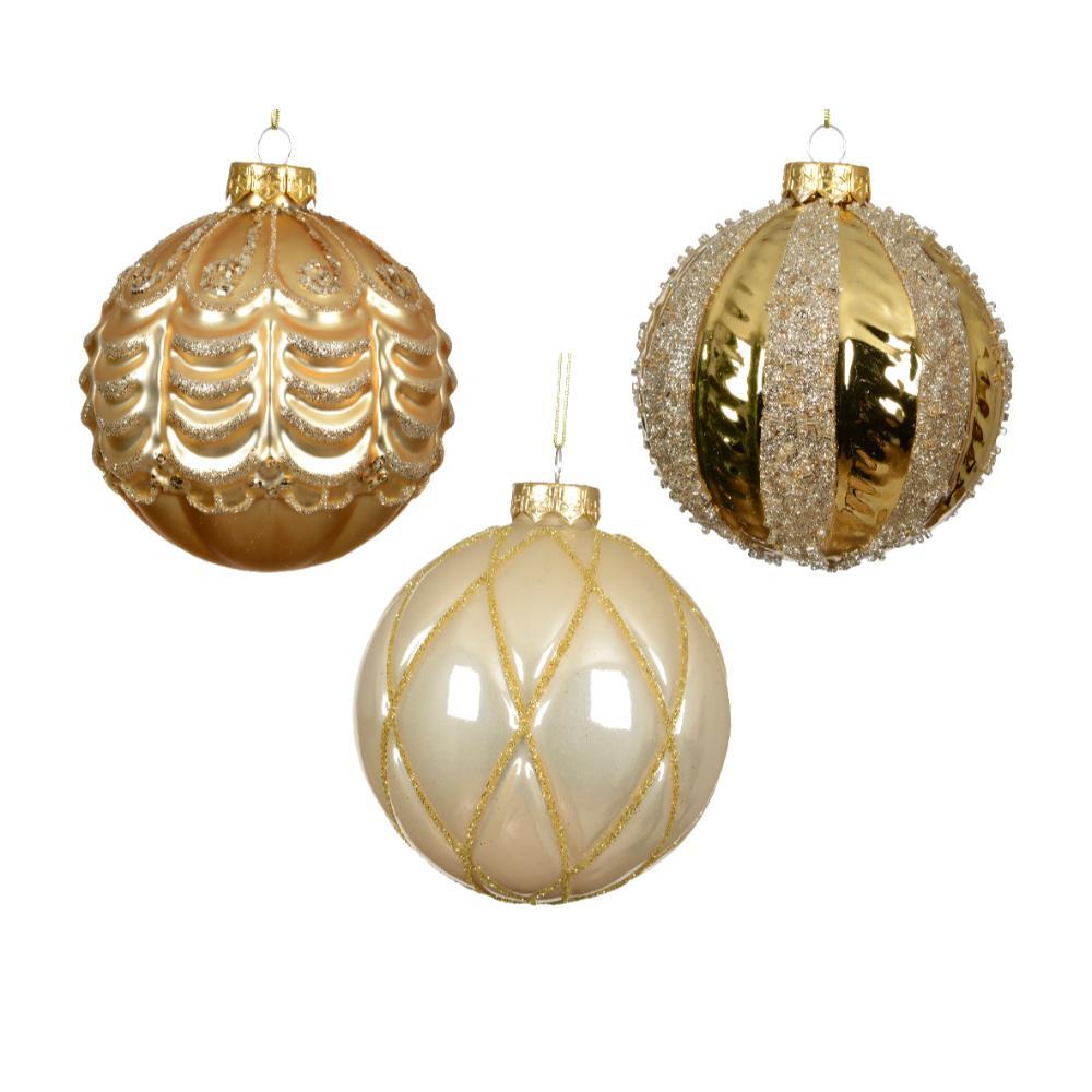 Decoris Glass Bauble 10cm - Pearl/ Gold (3 Assorted)