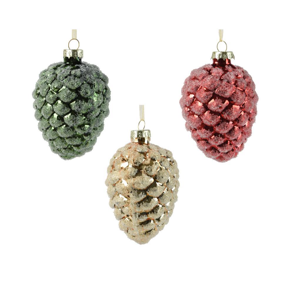 Decoris Glass Pinecone with Gold Glitter 9.7cm - 3 Assorted