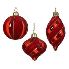 Decoris Glass Bauble with Velvet Stripe 8cm - Christmas Red (3 Assorted)