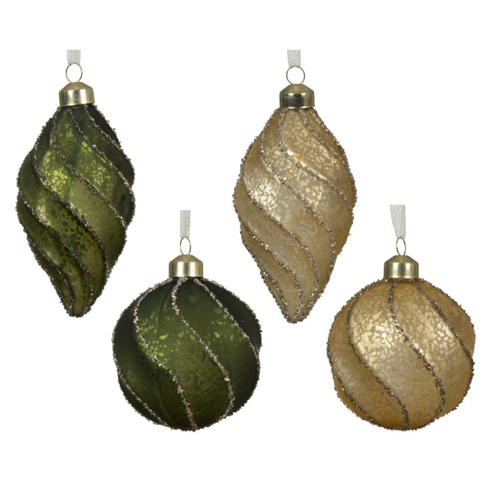 Decoris Glass Bauble with Swirls 8cm - Green/ Gold (2 Assorted)