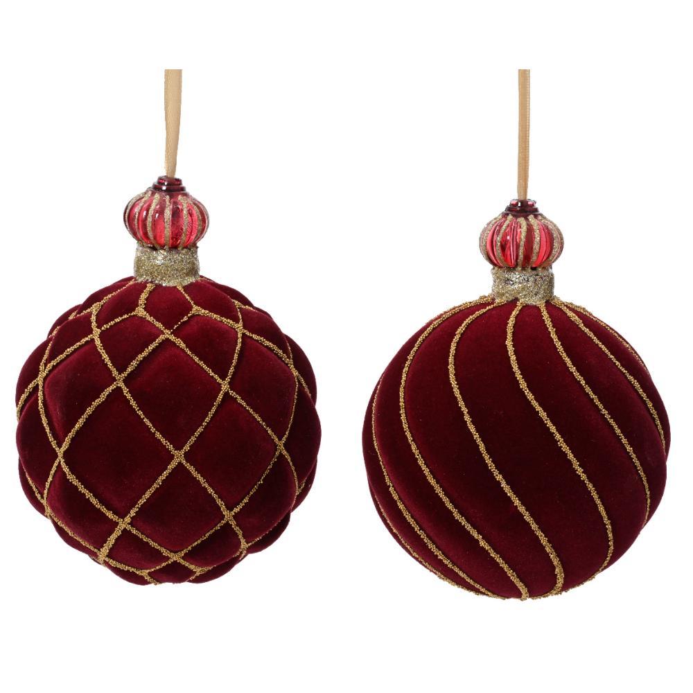 Decoris Glass Bauble with Velvet Finish 10cm - Oxblood with Gold (2 Assorted)