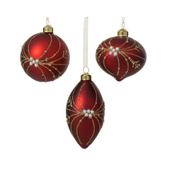 Decoris Glass Bauble with Glitter and Pearl 8cm - Red (3 Assorted)