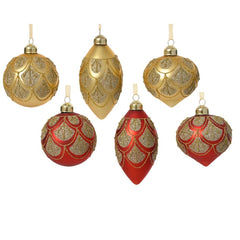 Decoris Glass Bauble with Gold Decoration 8cm - Red/ Pearl (6 Assorted)
