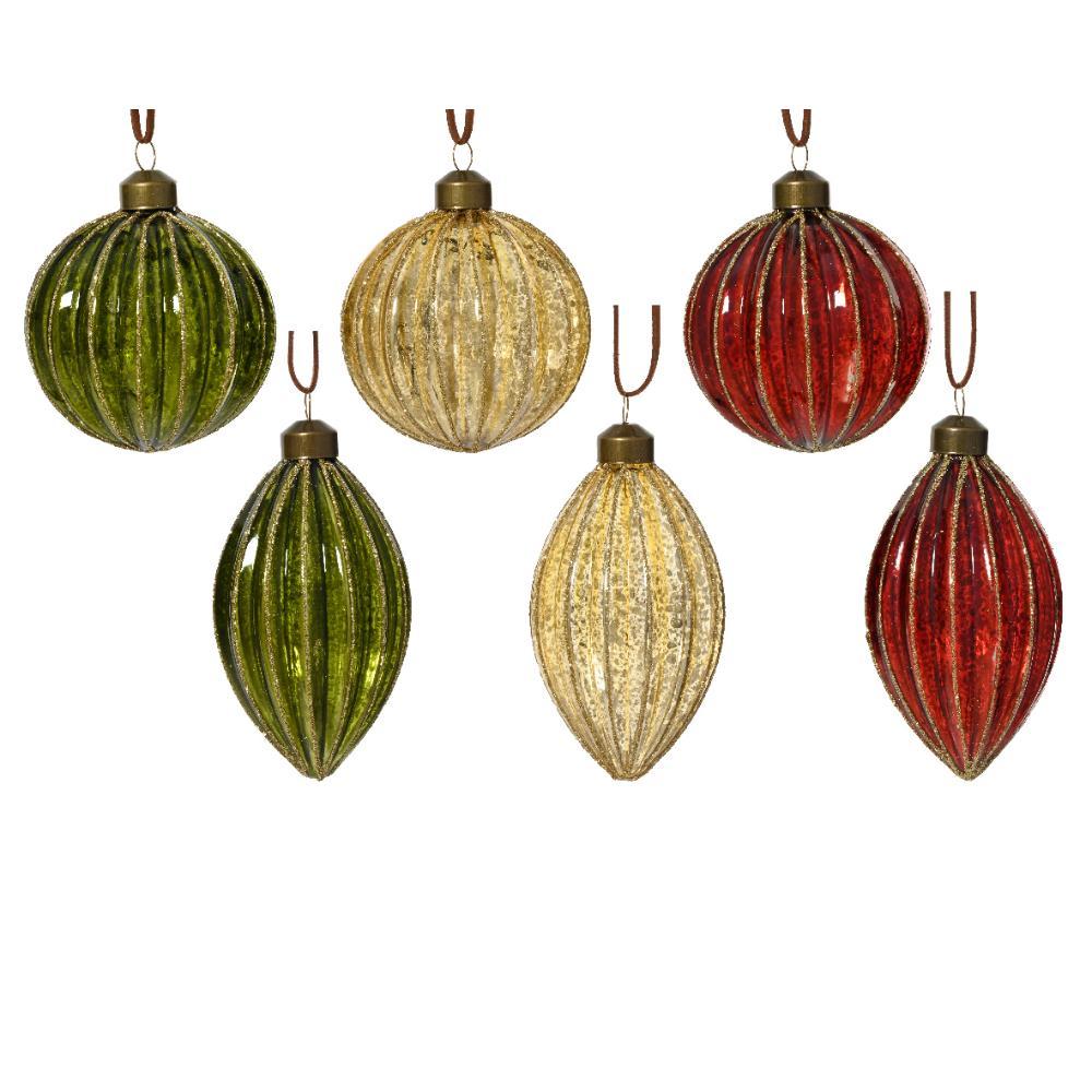 Decoris Glass Bauble with Glitter Lines 10cm - Red/Green/Gold (6 Assorted)