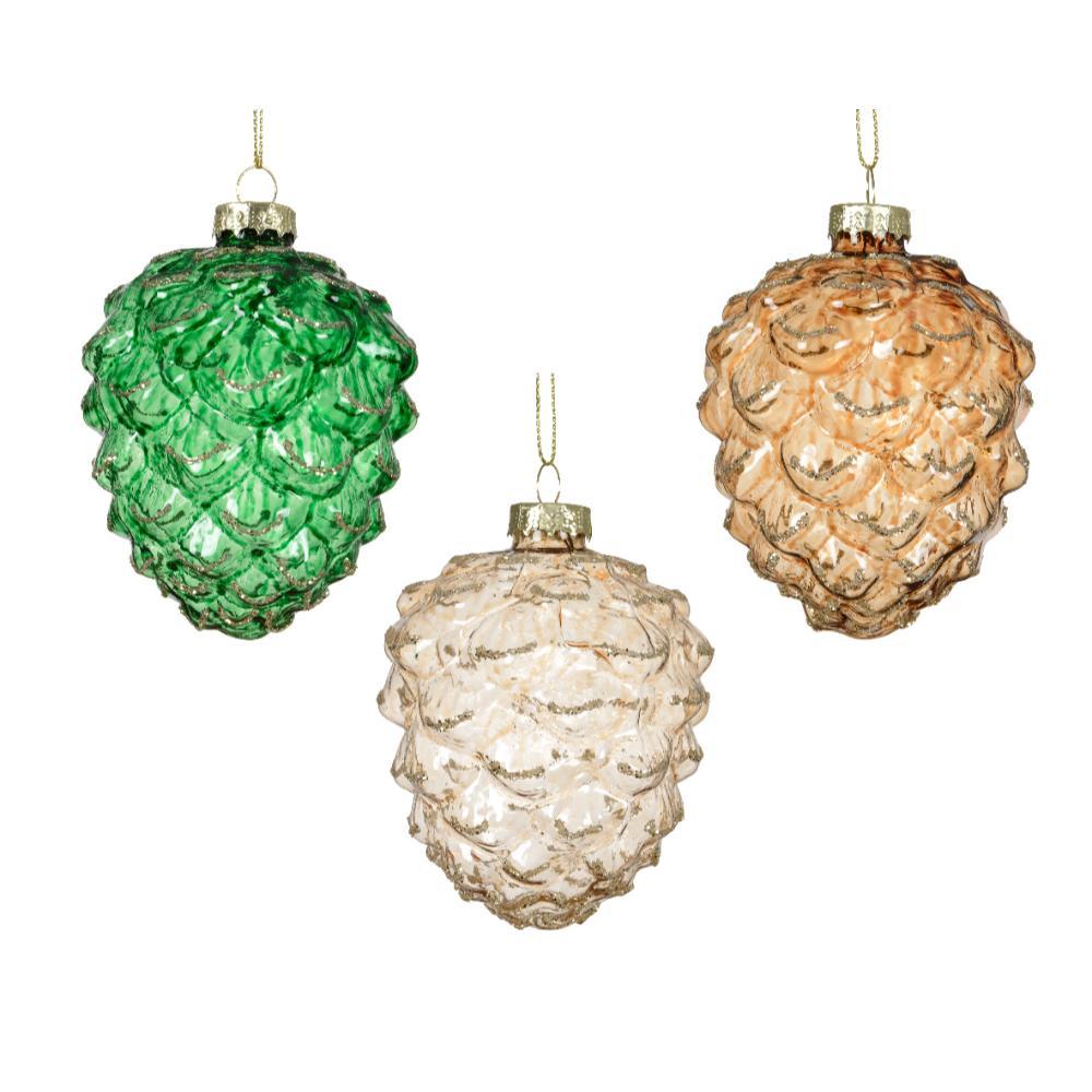 Decoris Glass Acorn Bauble 9.5cm - 3 Assorted
