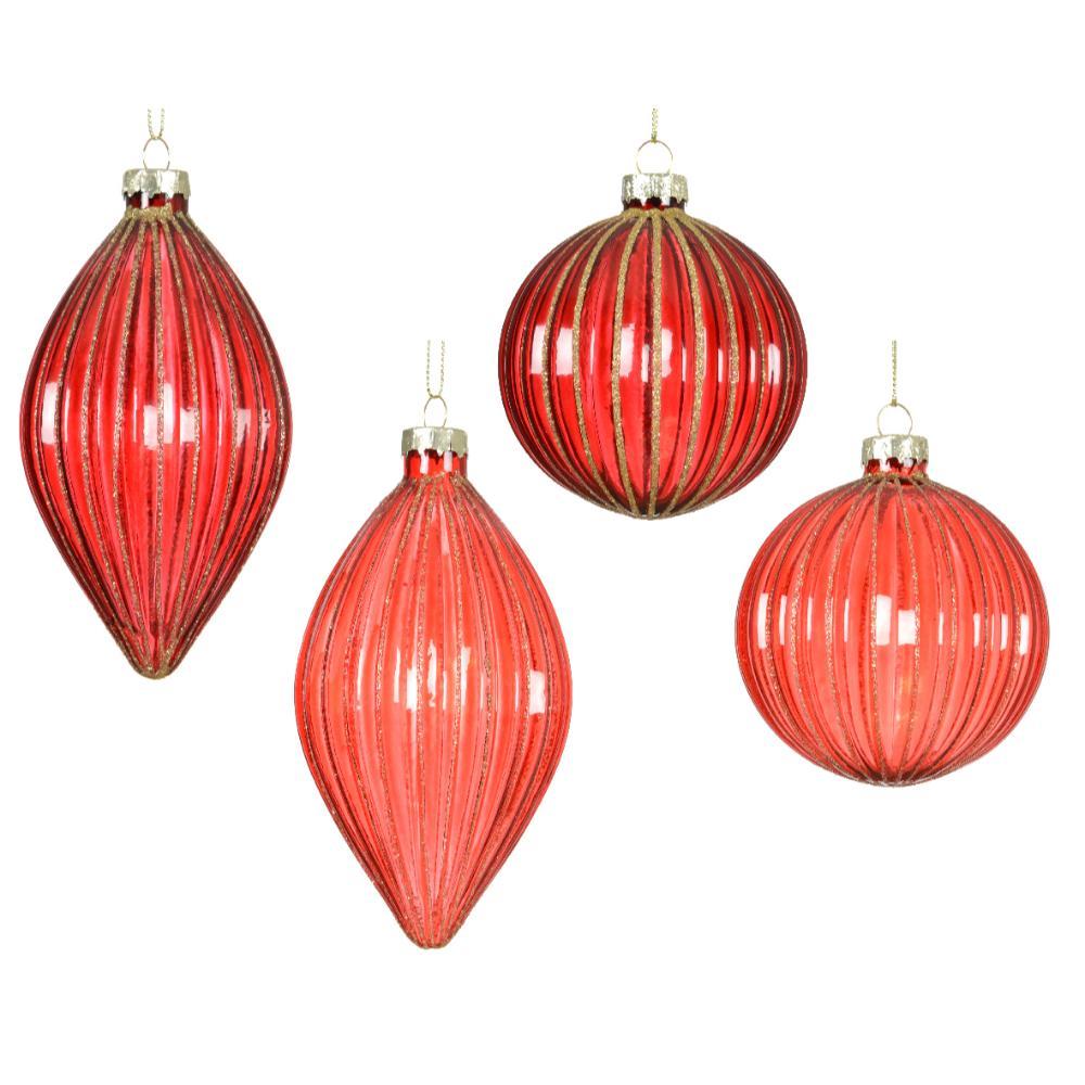 Decoris Glass Bauble with Glitter Lines 8cm - Red (4 Assorted)