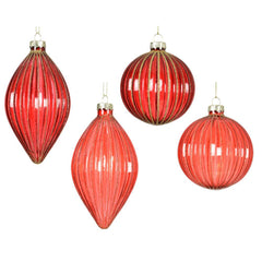 Decoris Glass Bauble with Glitter Lines 8cm - Red (4 Assorted)