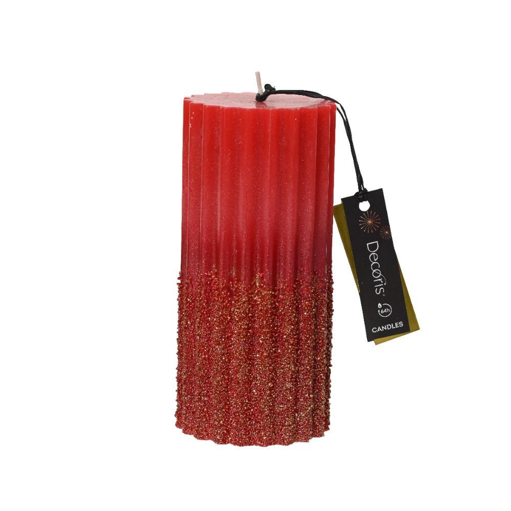 Decoris Pillar Wax Candle with Glitter 7 x 15cm - Christmas Red