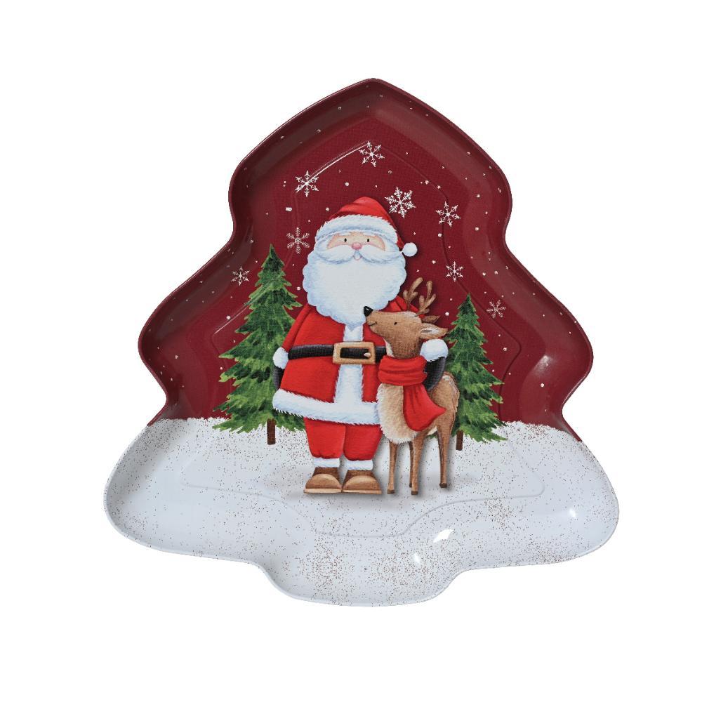 Kitchen Goods Tin Tree Plate with Santa Print 25.2 x 25.9cm - Christmas Red