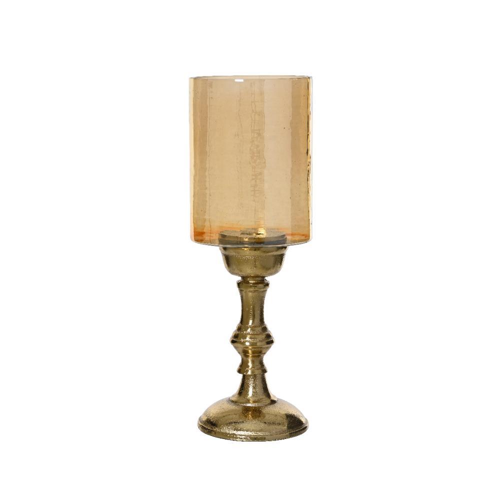 Kitchen Goods Glass Hurricane with Aluminium Stand 33cm - Amber/ Gold