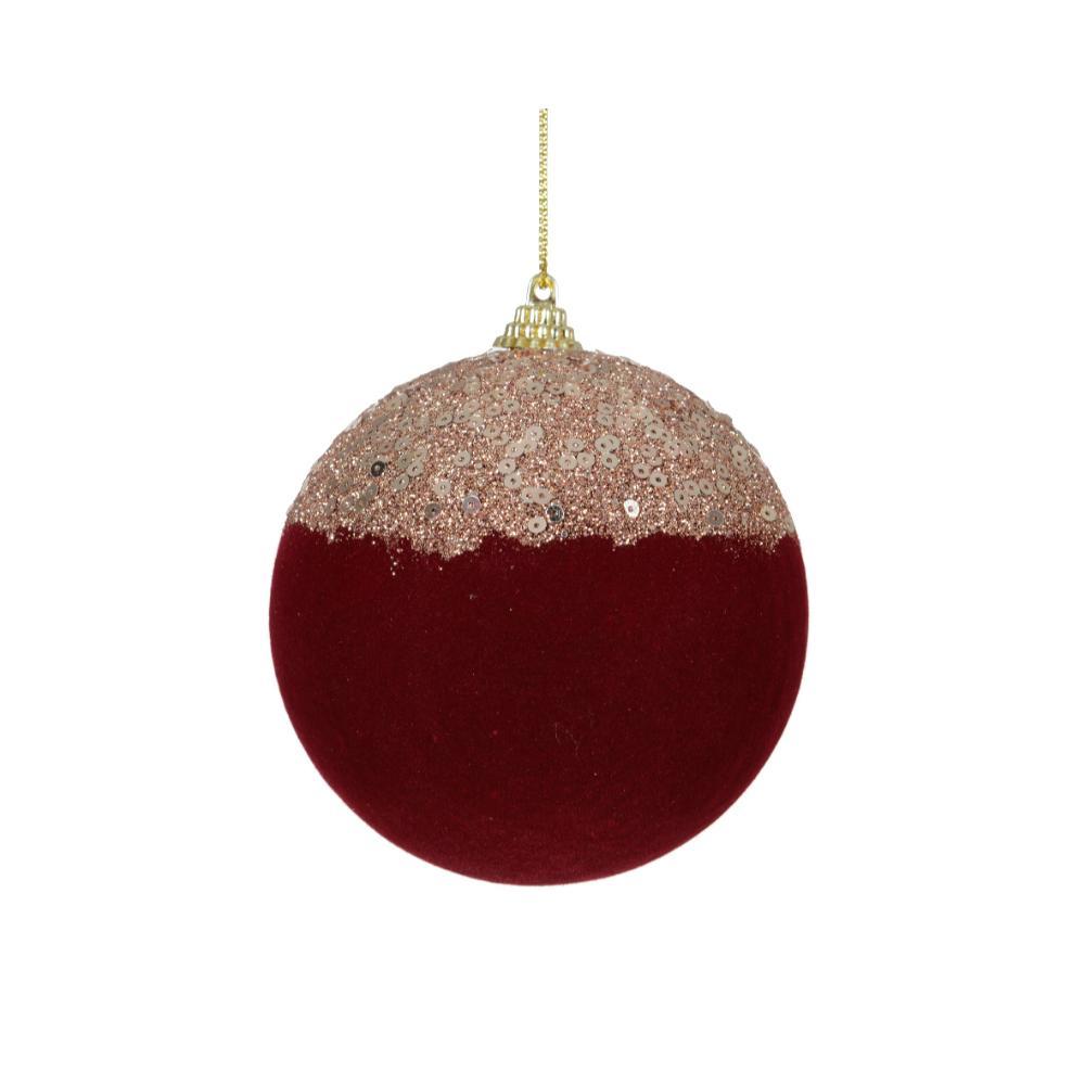 Decoris Foam Bauble with Velvet Finish and Glitter Top 10cm - Oxblood