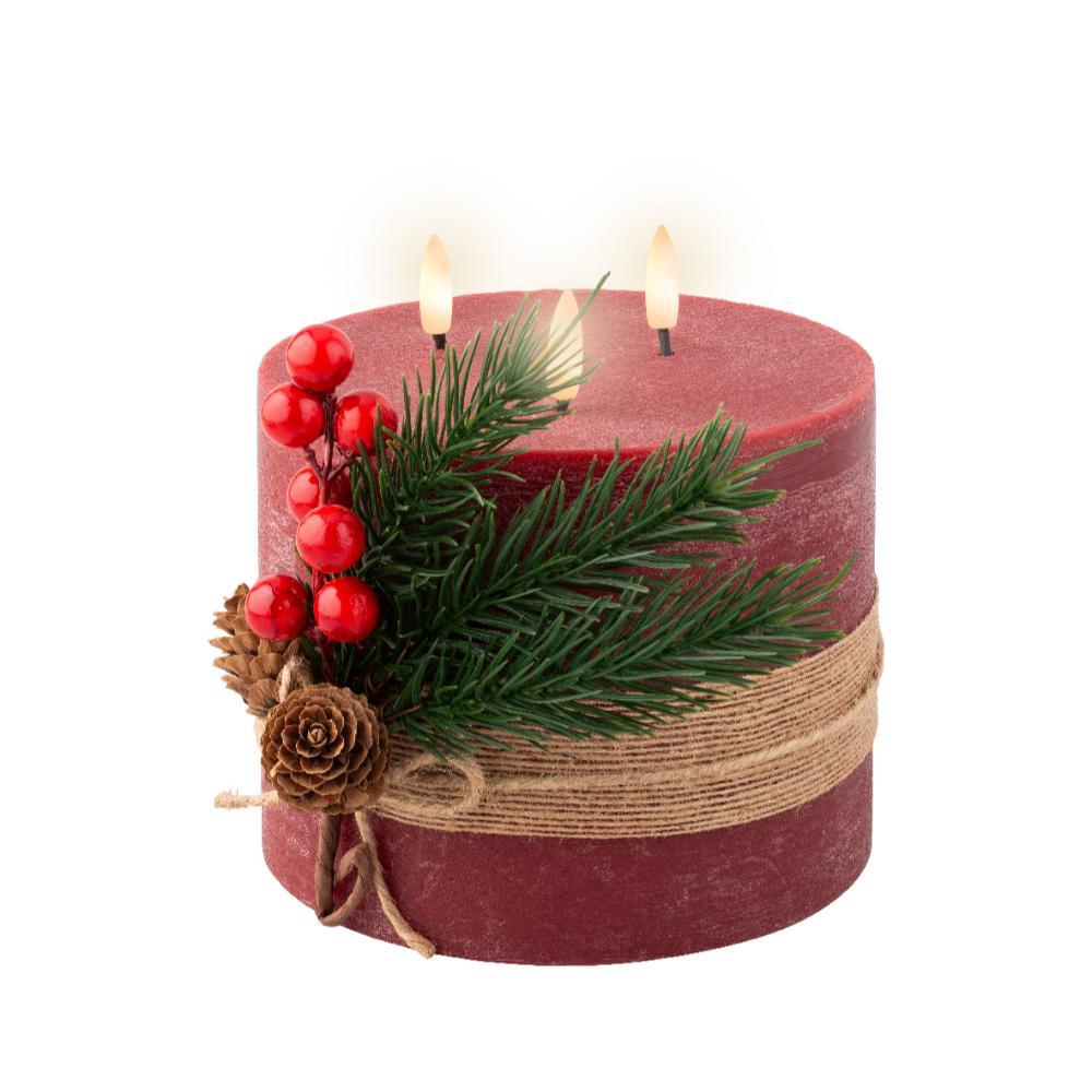 Lumineo BO Led Wax Candle with Flame Effect and Leaves Decorations 15 x 15cm - Red