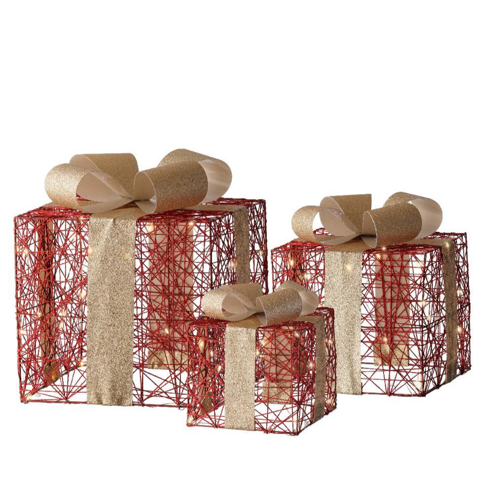 Lumineo BO Micro-Led Polyester Rope Gift Box Set of 3 Pieces with Warm White Light - Red with Gold