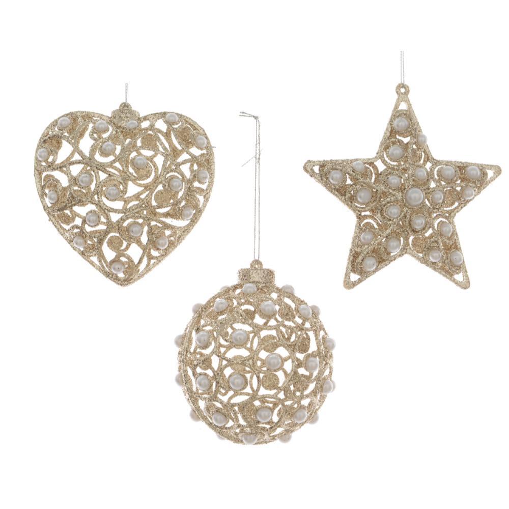 Decoris Plastic Hanging Ornament with Glitters and Pearl 10cm - Champagne (3 Assorted)