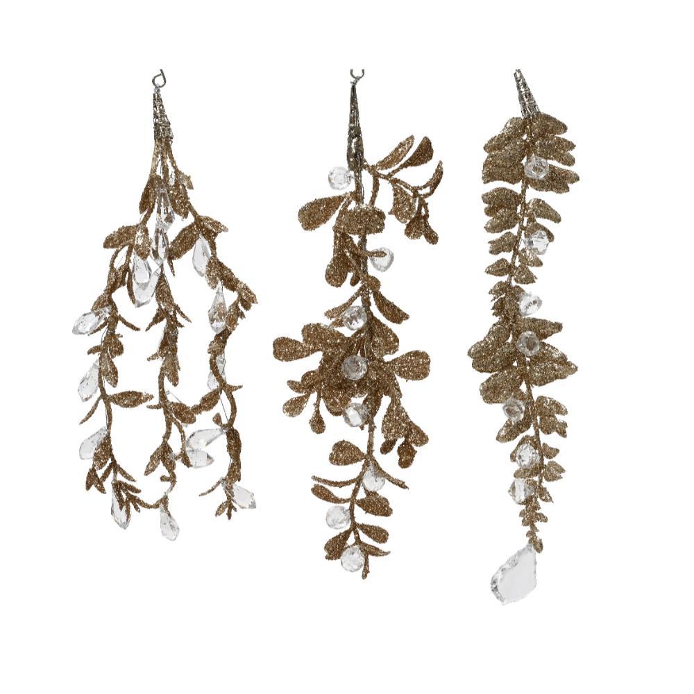 Decoris Plastic Leaf with Glitters Hanging Ornament 12cm - Champagne (3 Assorted)